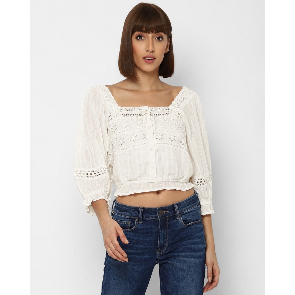 American Eagle Eyelet Lace Peasant Crop Blouse Boho Ivory Button Lace Size XL